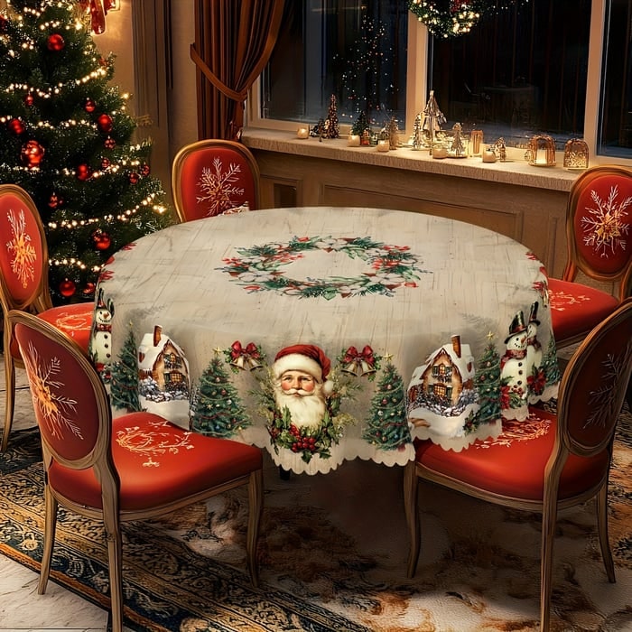 Round Christmas Tablecloth with Scalloped Edges Polyester Festive Design for Tables - Image 6