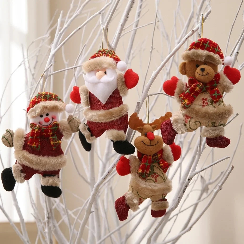 Set of 4 Plush Christmas Ornaments with Faux Fur Trim and Flannel Scarves - Image 1