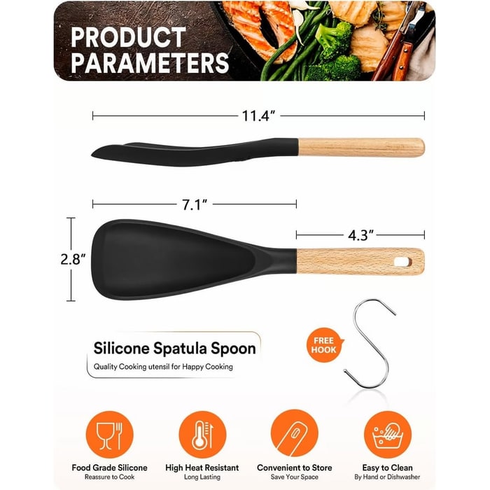 Silicone Spatula and Cooking Spoon with Wooden Handle for Kitchen Utensils - Image 4