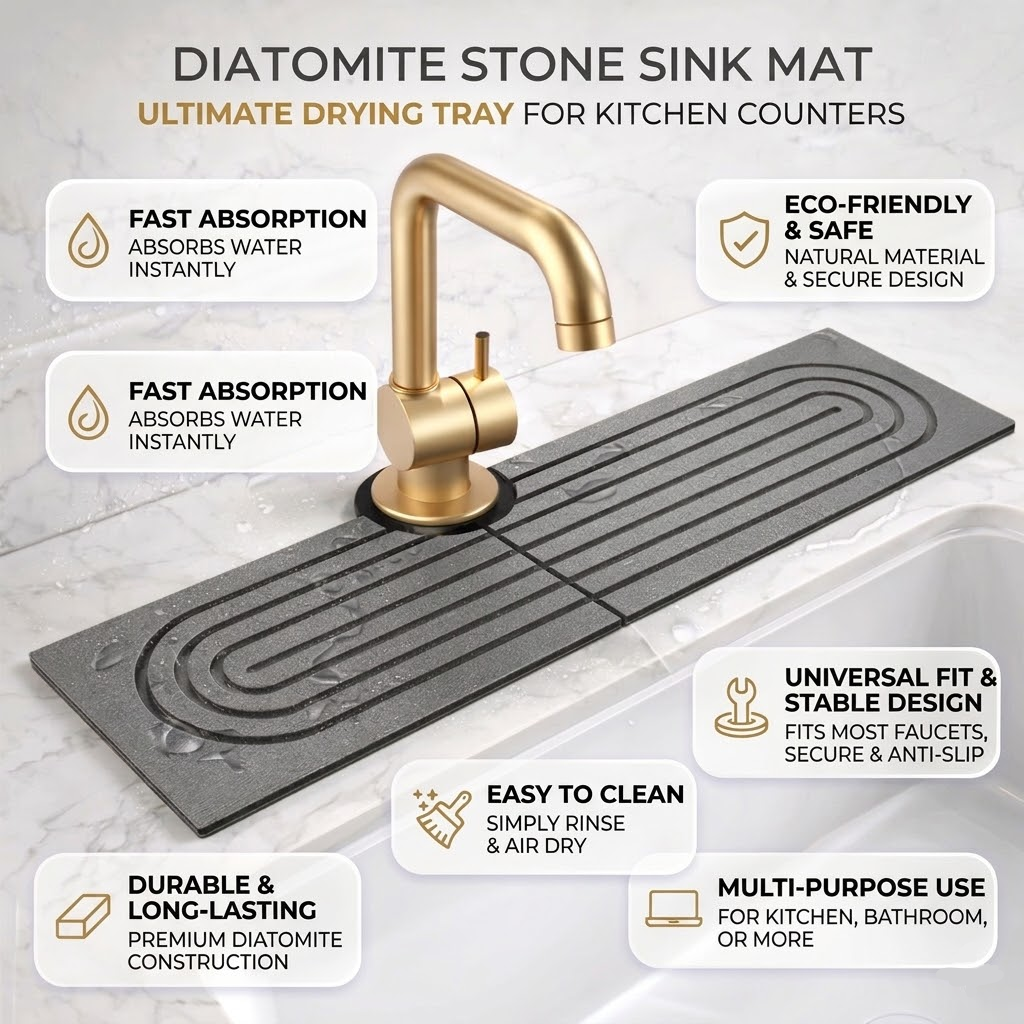 Sink Splash Guard with Diatomaceous Earth Faucet Mat and Quick-Drying Stone Finish - Image 3