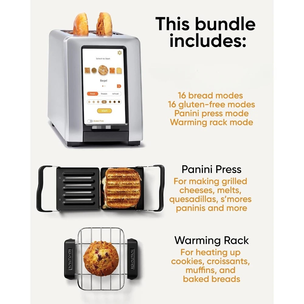 Smart Touchscreen Toaster Two Slice Panini Press Warming Rack Metal Digital - Image 2