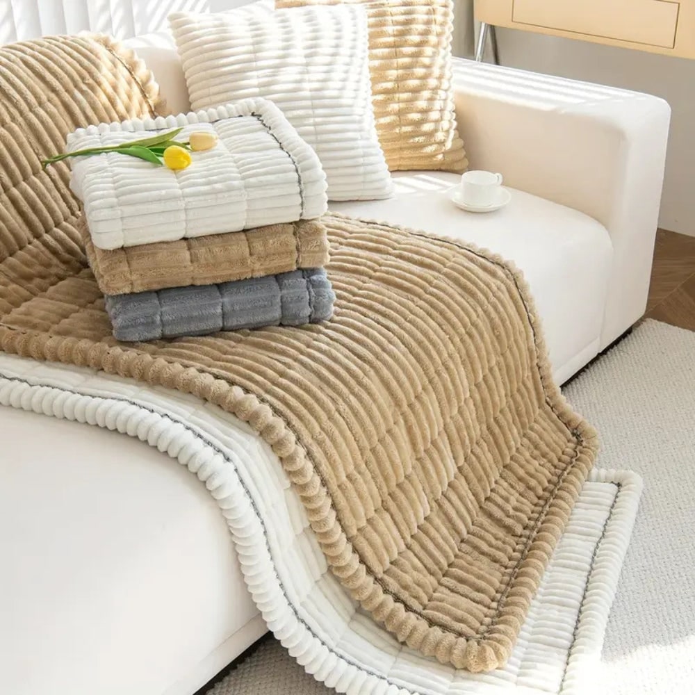 Sofa Couch Seat Cushion Cover with Pleated Edges Quilted Plush Non-Slip Protector - Image 12