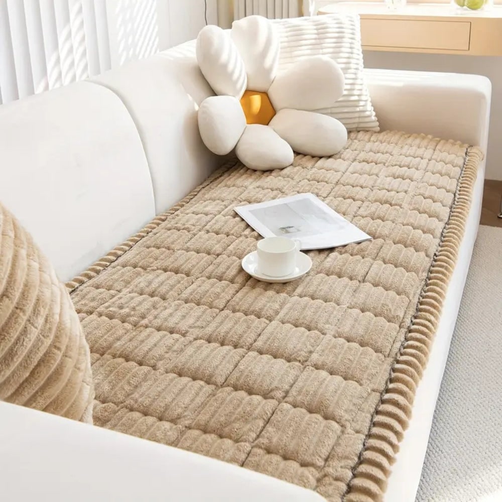 Sofa Couch Seat Cushion Cover with Pleated Edges Quilted Plush Non-Slip Protector - Image 4