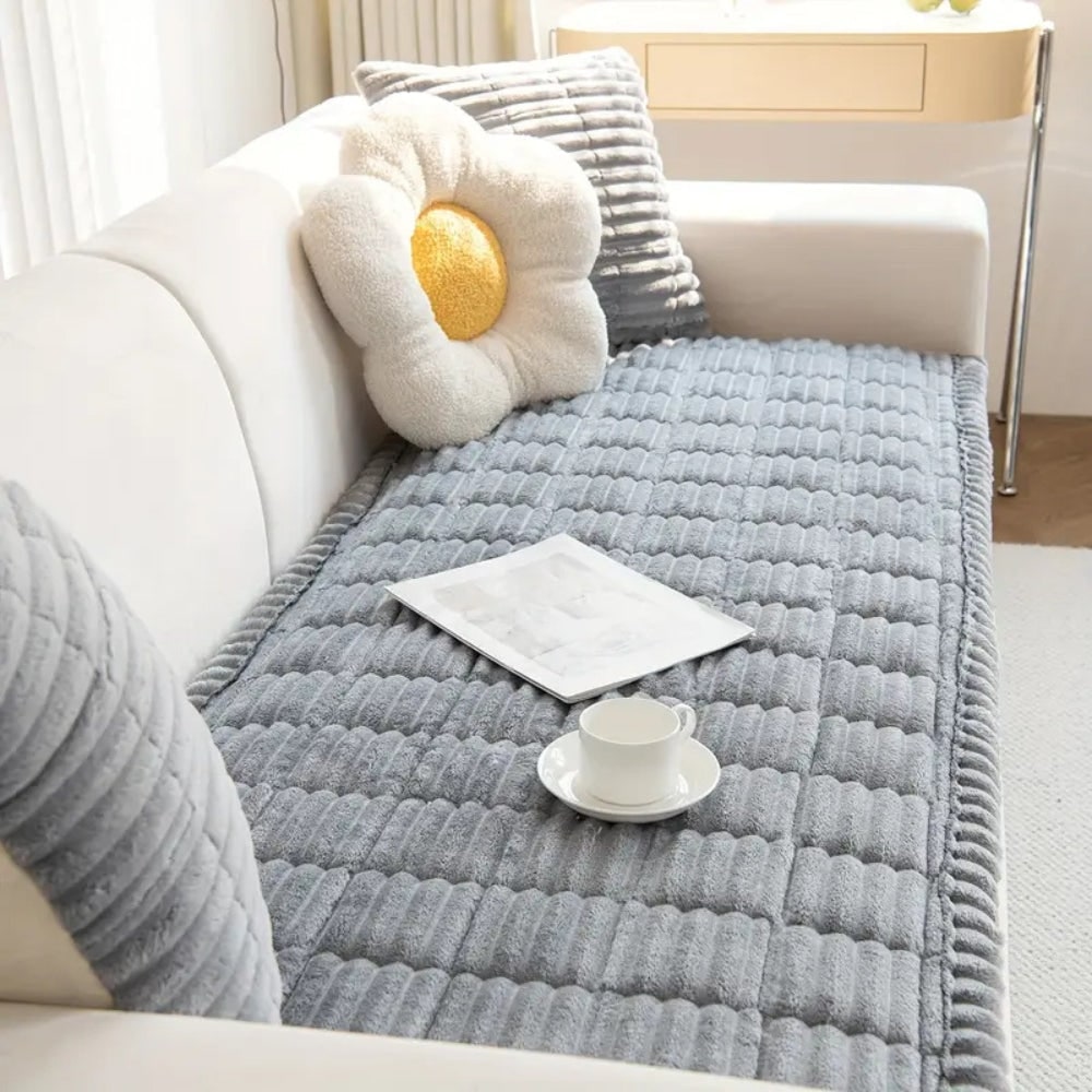 Sofa Couch Seat Cushion Cover with Pleated Edges Quilted Plush Non-Slip Protector - Image 6