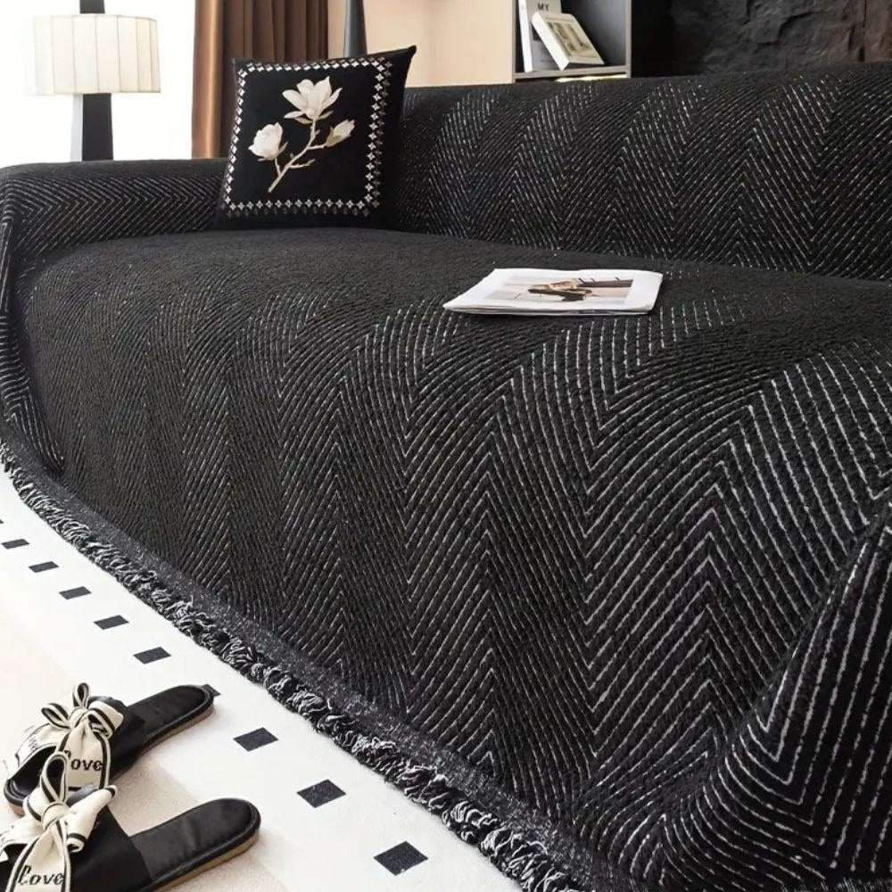 Sofa Throw Blanket Couch Woven Herringbone Fringed Tassel Textured Decorative - Image 1