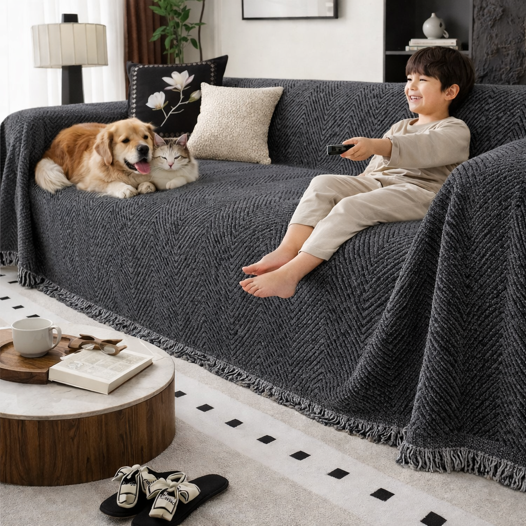 Sofa Throw Blanket Couch Woven Herringbone Fringed Tassel Textured Decorative - Image 3