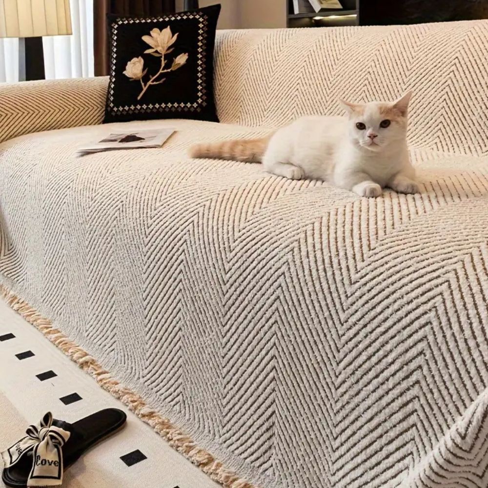 Sofa Throw Blanket Couch Woven Herringbone Fringed Tassel Textured Decorative - Image 5