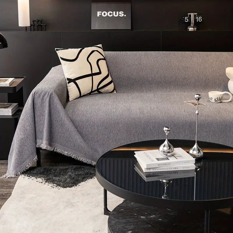 Sofa Throw Blanket with Woven Herringbone Pattern and Fringe Edges - Image 1