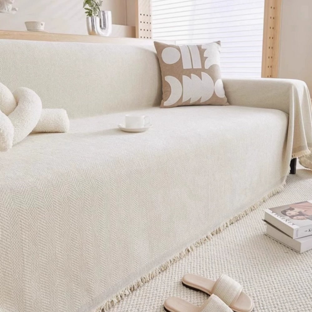 Sofa Throw Blanket with Woven Herringbone Pattern and Fringe Edges - Image 6
