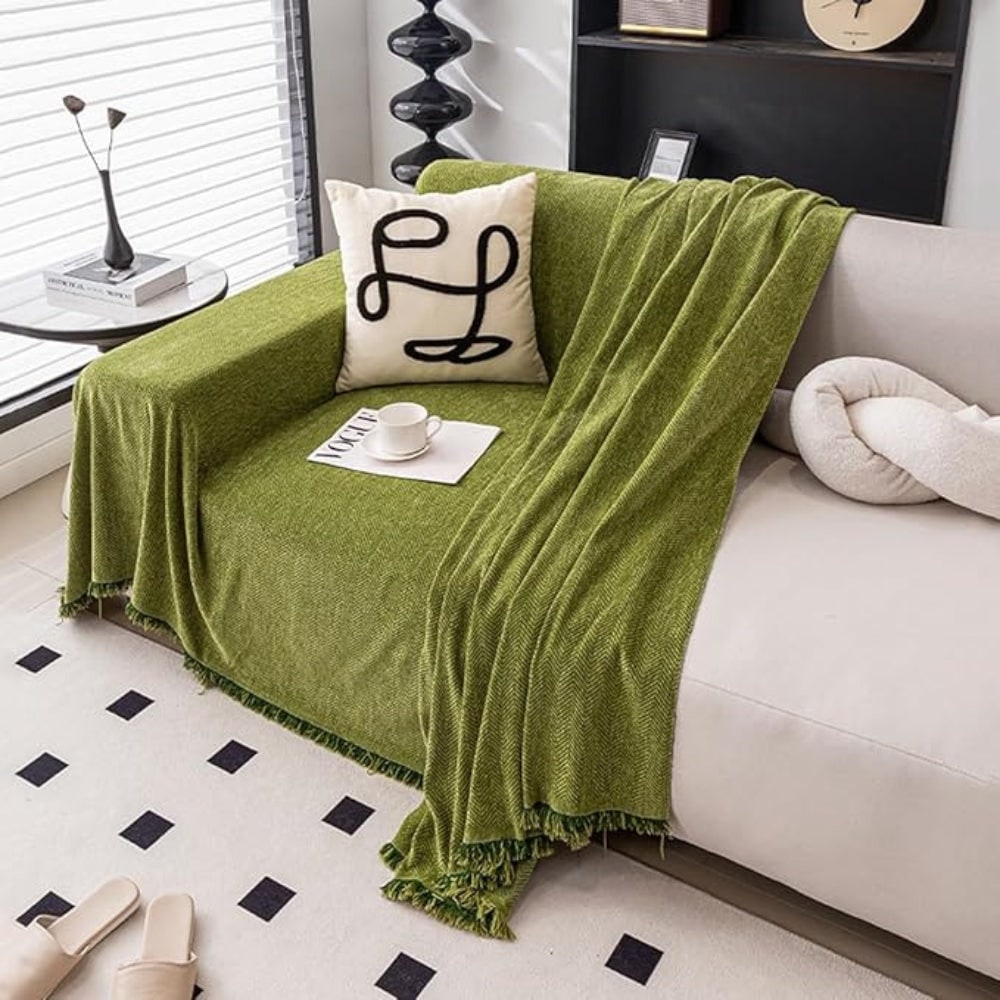 Sofa Throw Blanket with Woven Herringbone Pattern and Fringe Edges - Image 7