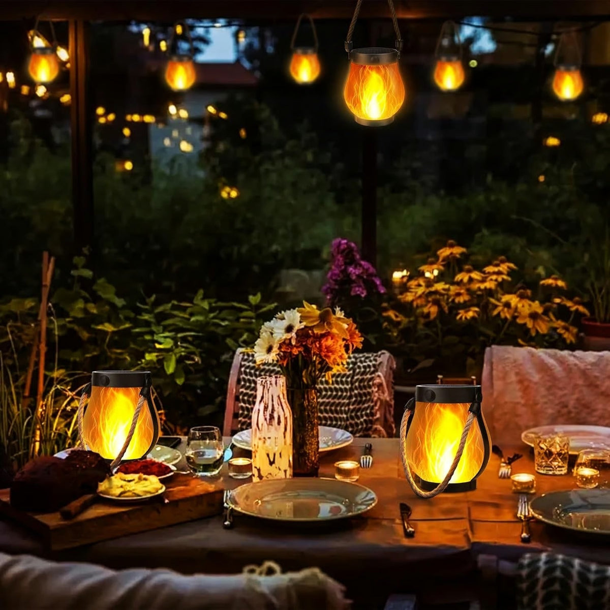 Solar Lantern with Flickering Flame Effect and Rope Handle for Garden Outdoor Lighting - Image 3