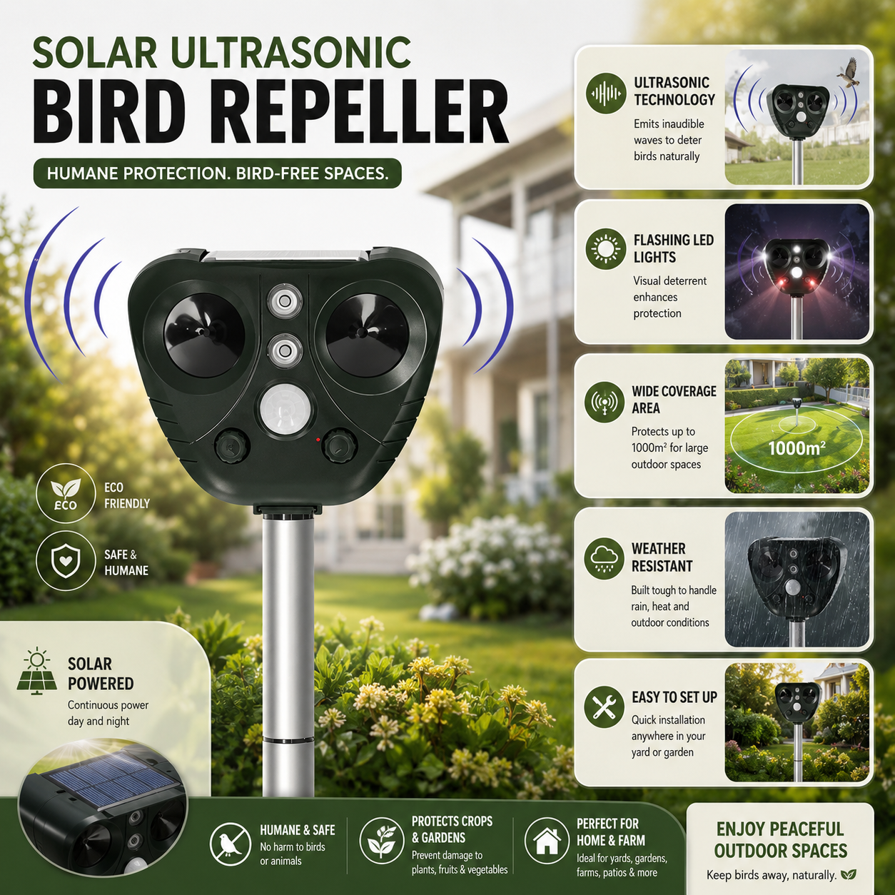 Solar Ultrasonic Animal Repeller Motion Sensor LED Waterproof Outdoor Stake - Image 4