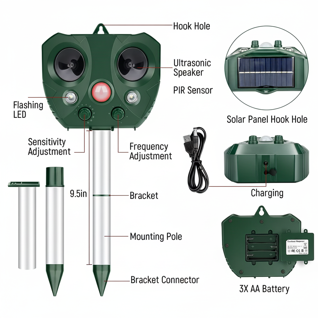 Solar Ultrasonic Animal Repeller Motion Sensor LED Waterproof Outdoor Stake - Image 9