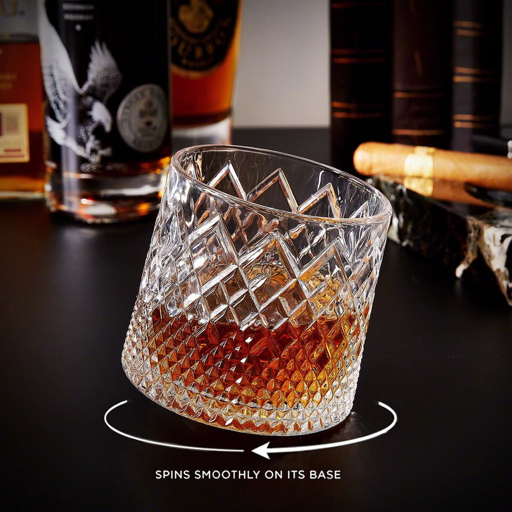 Spinning Whiskey Glass with Diamond Cut Texture and Wooden Coaster 10 Oz Rotating Bourbon Tumbler - Image 1