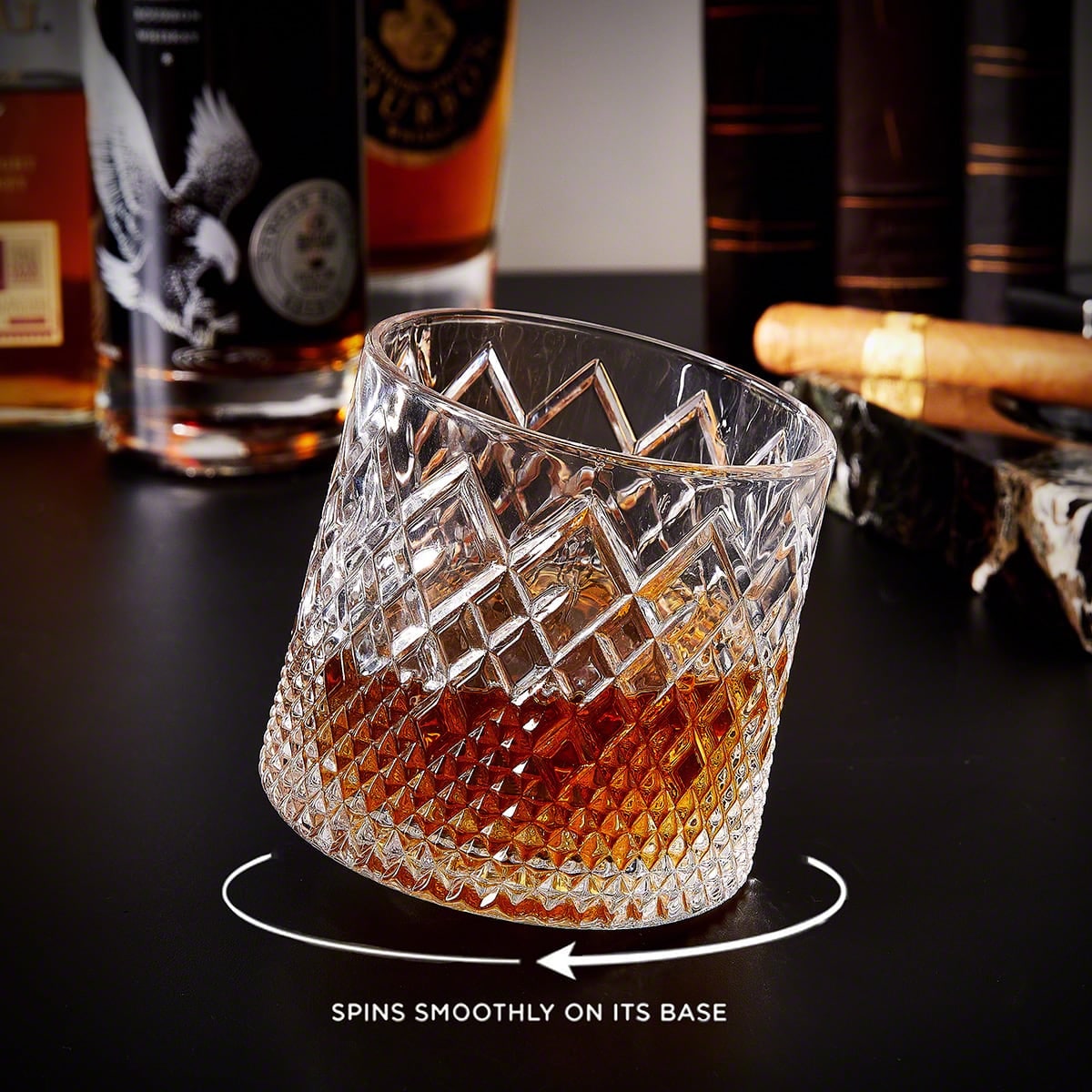 Spinning Whiskey Glass with Diamond Cut Texture and Wooden Coaster 10 Oz Rotating Bourbon Tumbler - Image 1