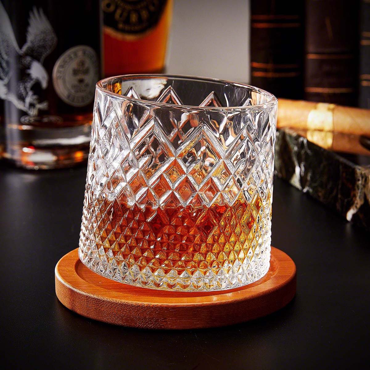 Spinning Whiskey Glass with Diamond Cut Texture and Wooden Coaster 10 Oz Rotating Bourbon Tumbler - Image 2