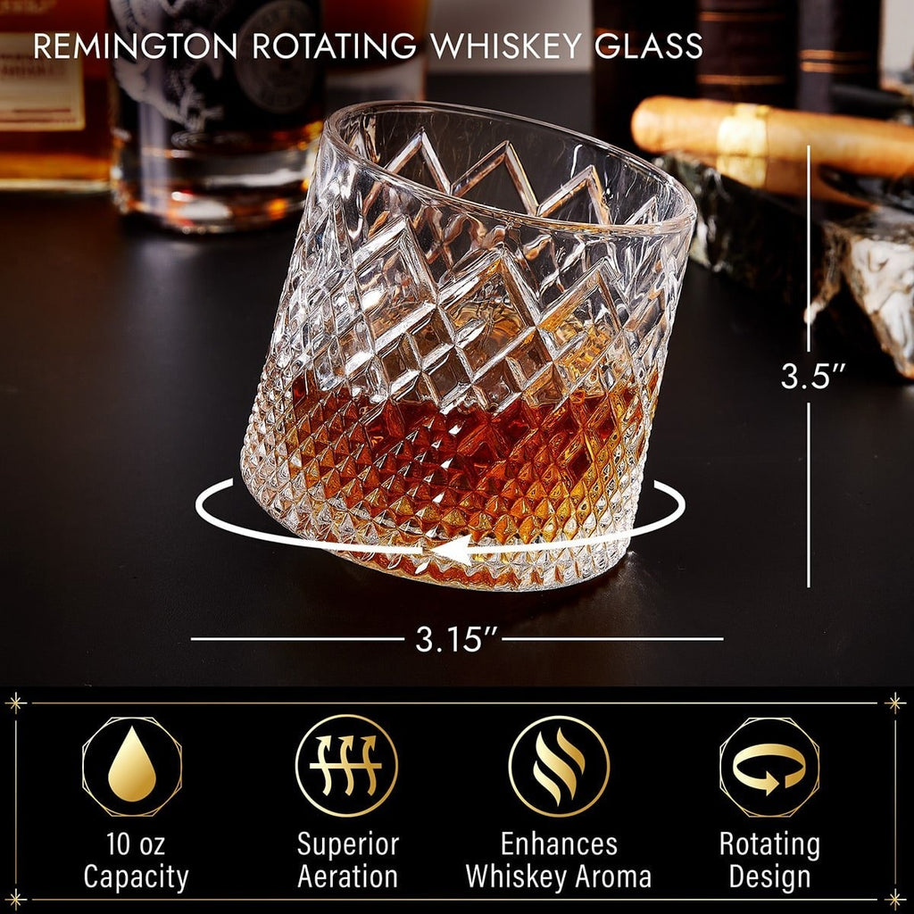 Spinning Whiskey Glass with Diamond Cut Texture and Wooden Coaster 10 Oz Rotating Bourbon Tumbler - Image 3