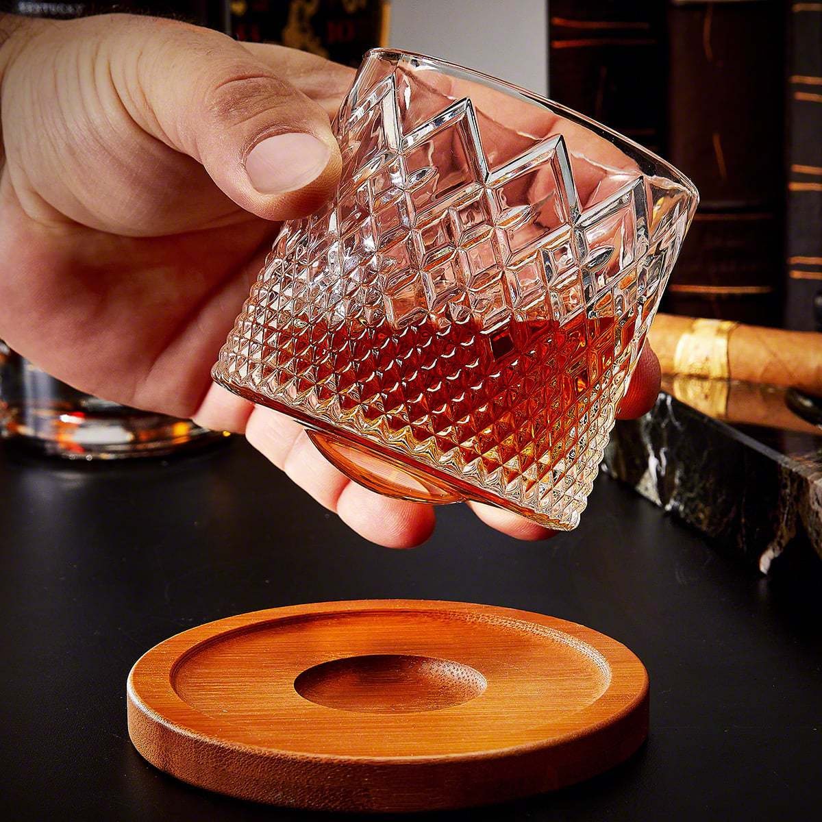Spinning Whiskey Glass with Diamond Cut Texture and Wooden Coaster 10 Oz Rotating Bourbon Tumbler - Image 4