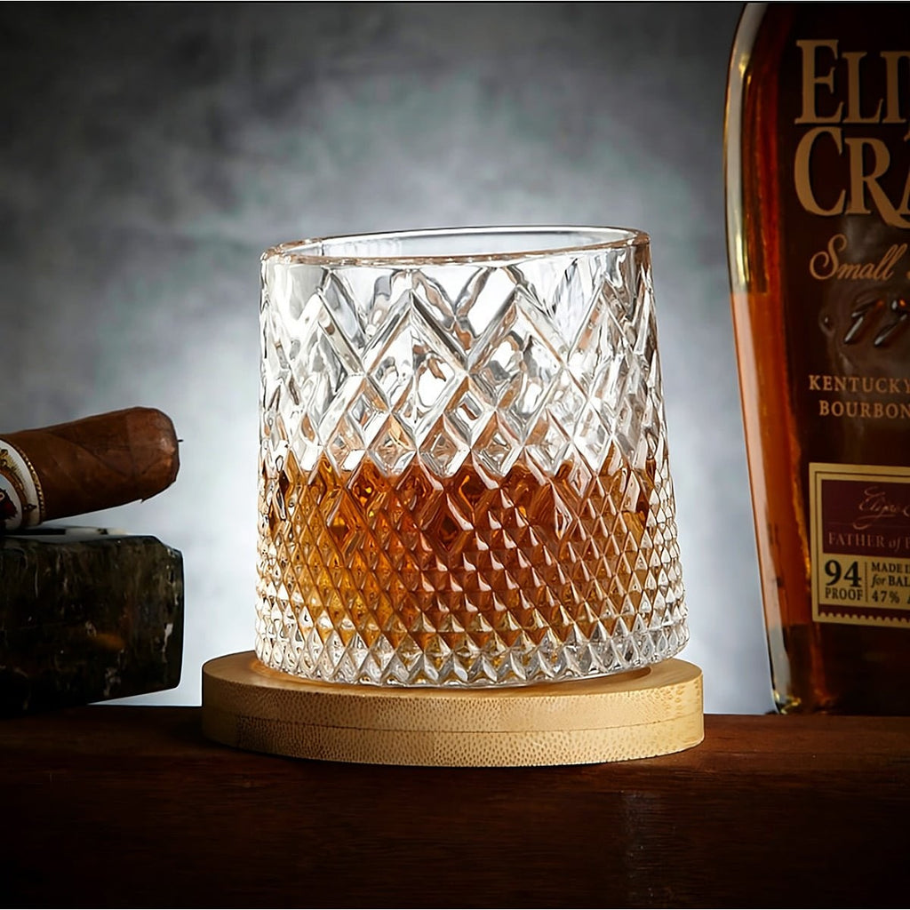 Spinning Whiskey Glass with Diamond Cut Texture and Wooden Coaster 10 Oz Rotating Bourbon Tumbler - Image 5