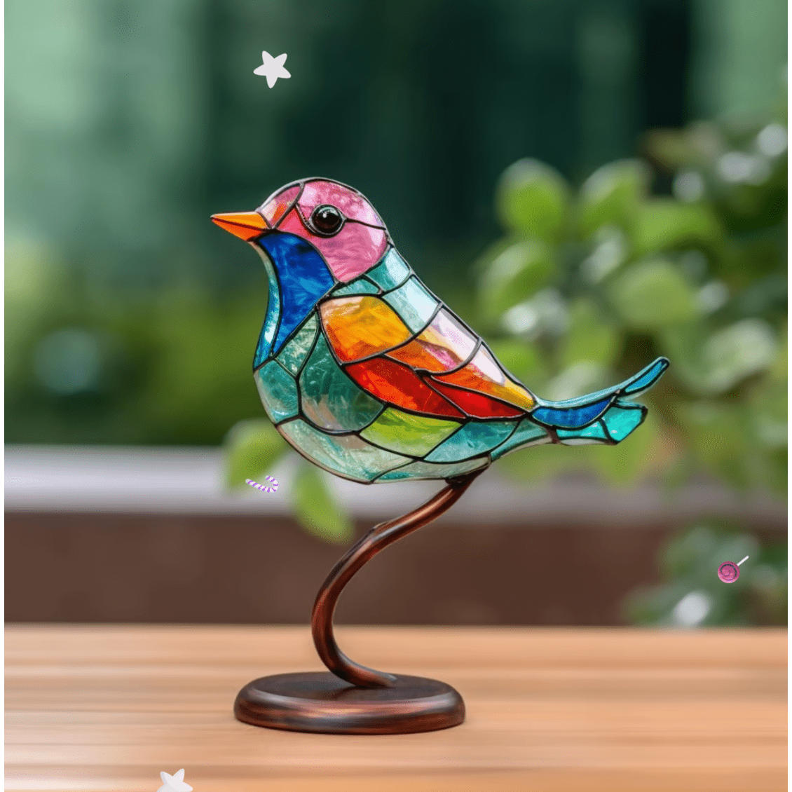 Stained Glass Birds Figurine with Metal Branch Stand and Colorful Panels - Image 1