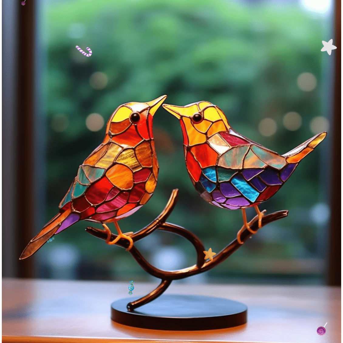 Stained Glass Birds Figurine with Metal Branch Stand and Colorful Panels - Image 2