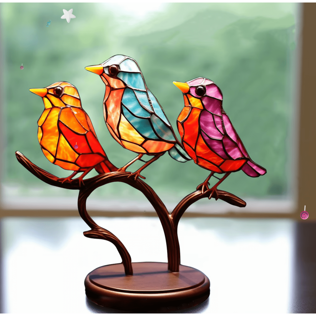 Stained Glass Birds Figurine with Metal Branch Stand and Colorful Panels - Image 4