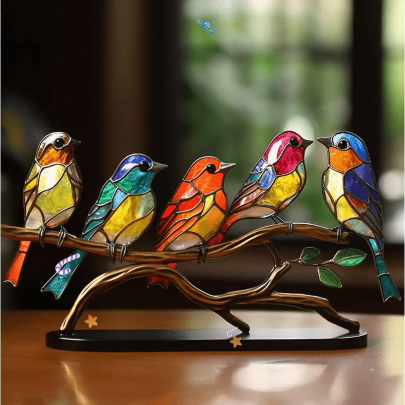 Stained Glass Birds Figurine with Metal Branch Stand and Colorful Panels - Image 5
