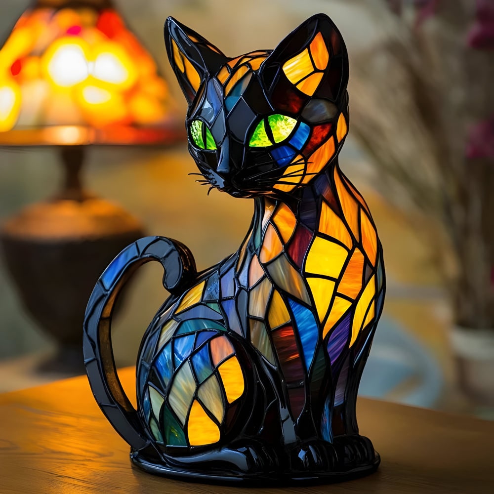 Stained Glass Cat Table Lamp with Colorful Mosaic Pattern and Warm Glow Bedside Lighting - Image 1