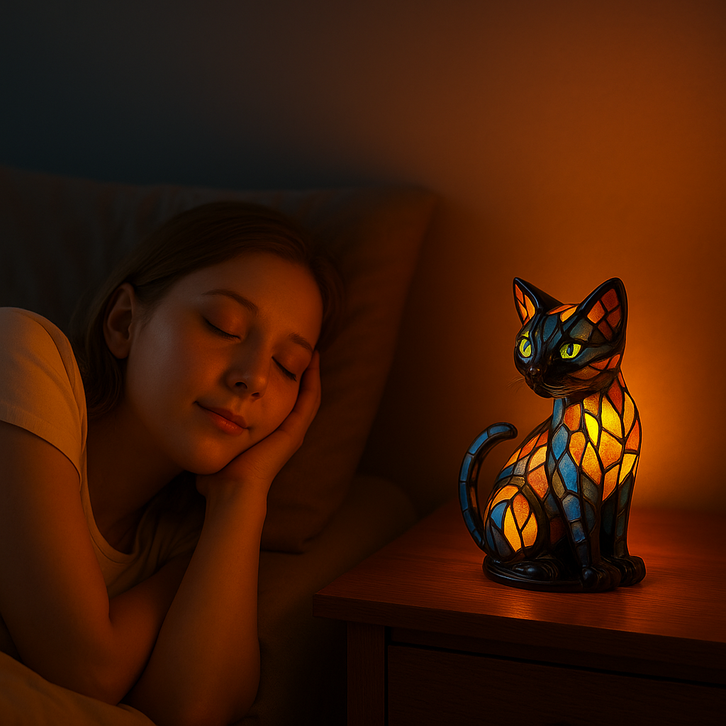 Stained Glass Cat Table Lamp with Colorful Mosaic Pattern and Warm Glow Bedside Lighting - Image 2