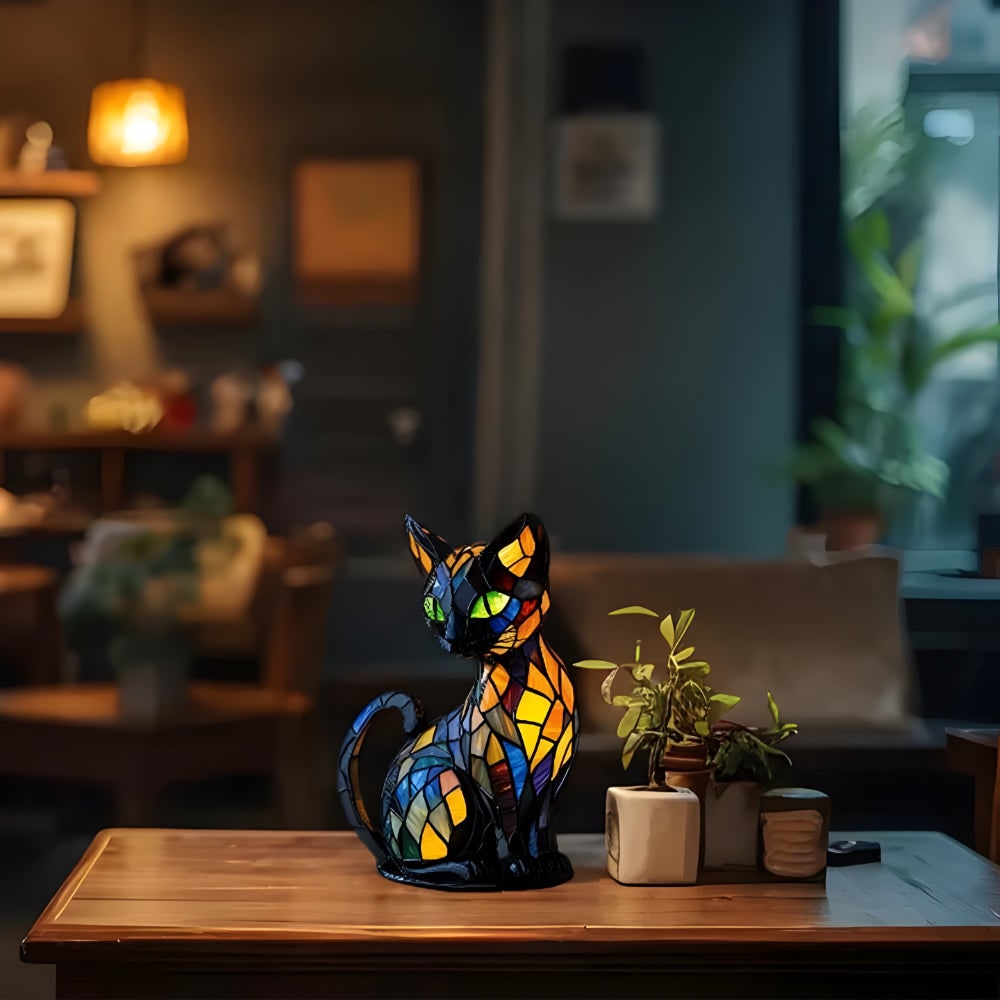 Stained Glass Cat Table Lamp with Colorful Mosaic Pattern and Warm Glow Bedside Lighting - Image 3
