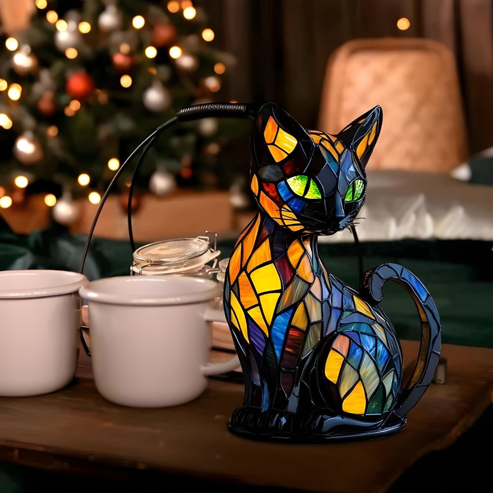 Stained Glass Cat Table Lamp with Colorful Mosaic Pattern and Warm Glow Bedside Lighting - Image 4