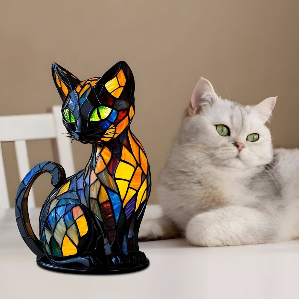 Stained Glass Cat Table Lamp with Colorful Mosaic Pattern and Warm Glow Bedside Lighting - Image 6