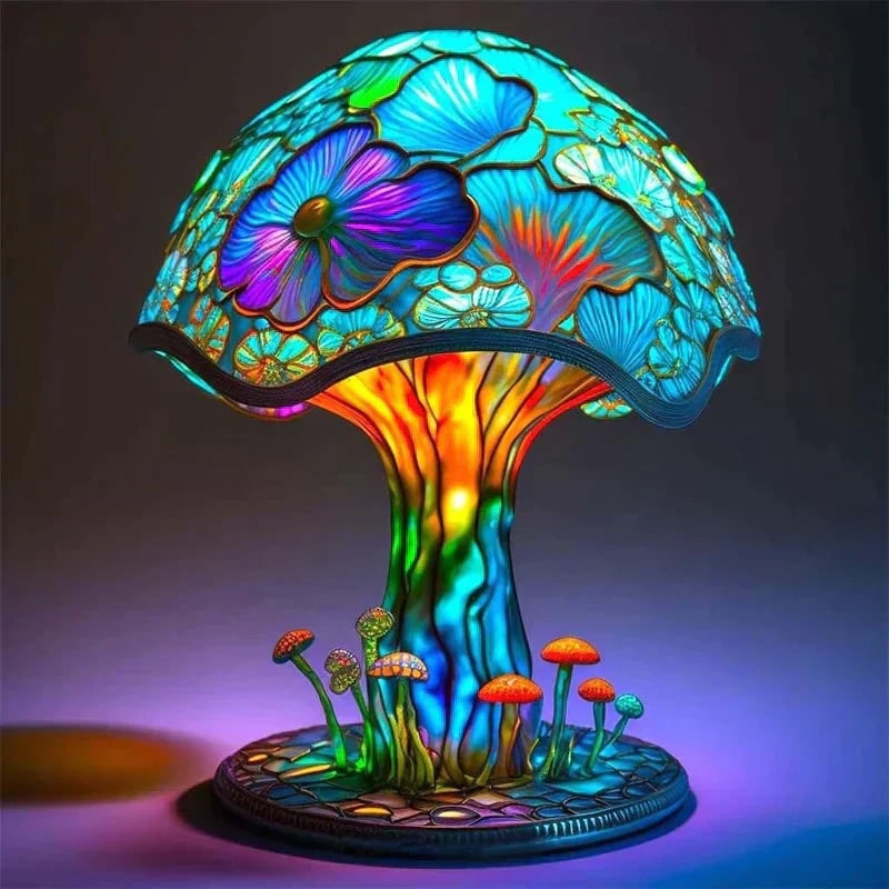 Stained Glass Table Lamp with Green and Effect Decorative Resin Shade with Warm LED Light - Image 1