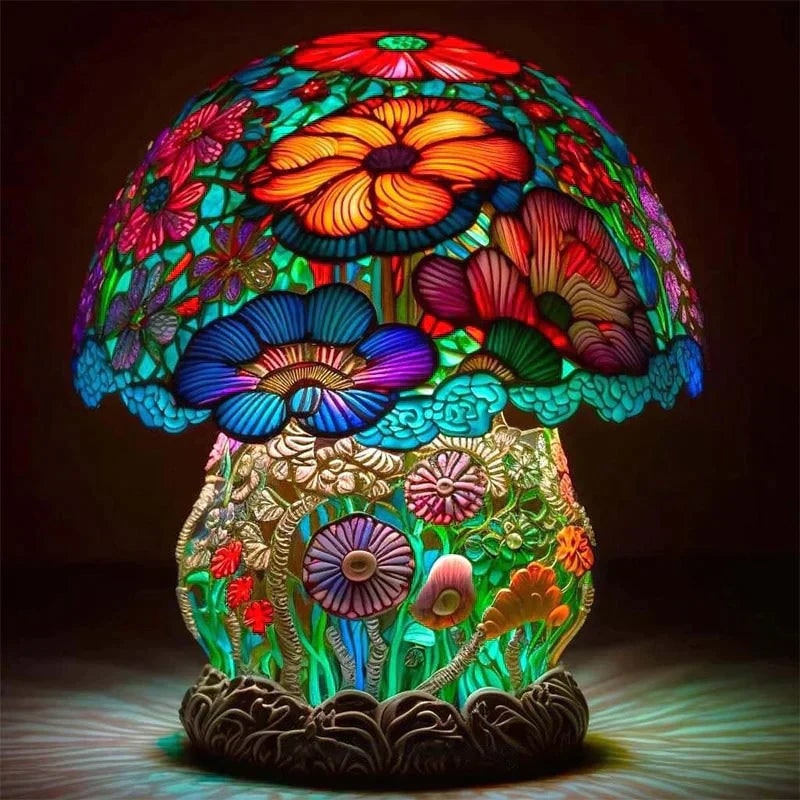Stained Glass Table Lamp with Green and Effect Decorative Resin Shade with Warm LED Light - Image 2