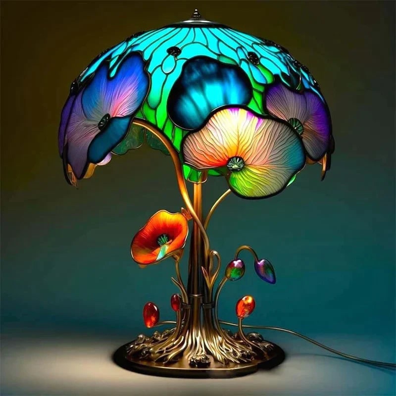 Stained Glass Table Lamp with Green and Effect Decorative Resin Shade with Warm LED Light - Image 3