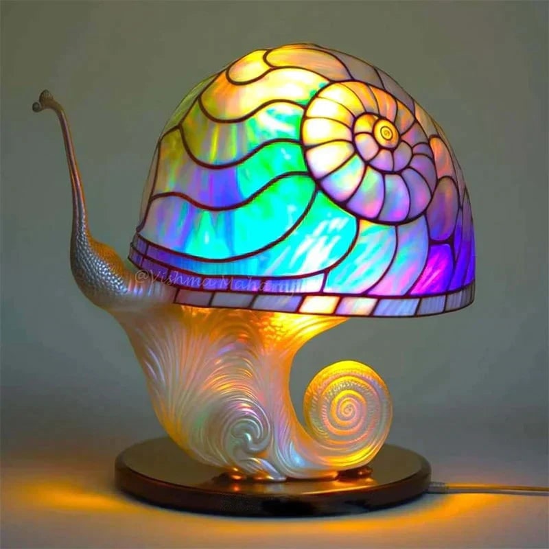 Stained Glass Table Lamp with Green and Effect Decorative Resin Shade with Warm LED Light - Image 4