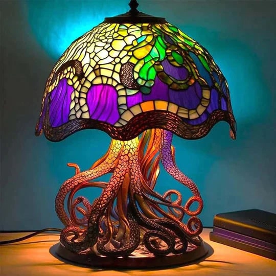 Stained Glass Table Lamp with Green and Effect Decorative Resin Shade with Warm LED Light - Image 7