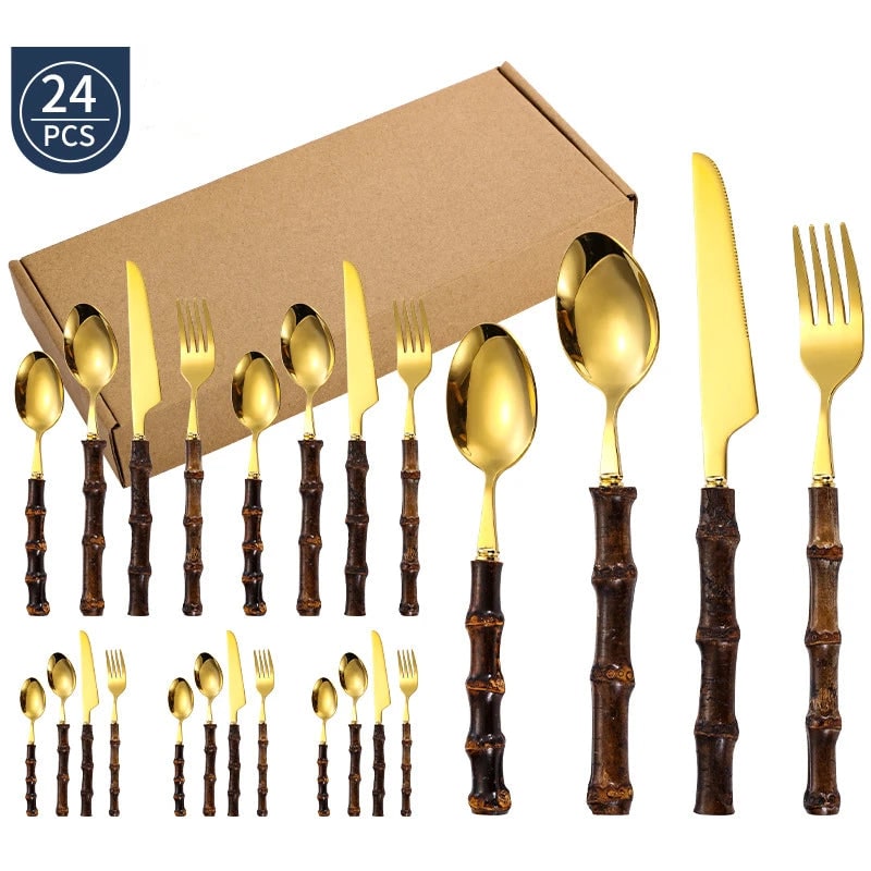 Stainless Steel Cutlery and Flatware Set with Bamboo Handle 24-Piece Dining Silverware - Image 1