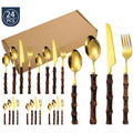 Stainless Steel Cutlery and Flatware Set with Bamboo Handle 24-Piece Dining Silverware - Image 1