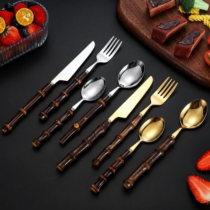 Stainless Steel Cutlery and Flatware Set with Bamboo Handle 24-Piece Dining Silverware - Image 2