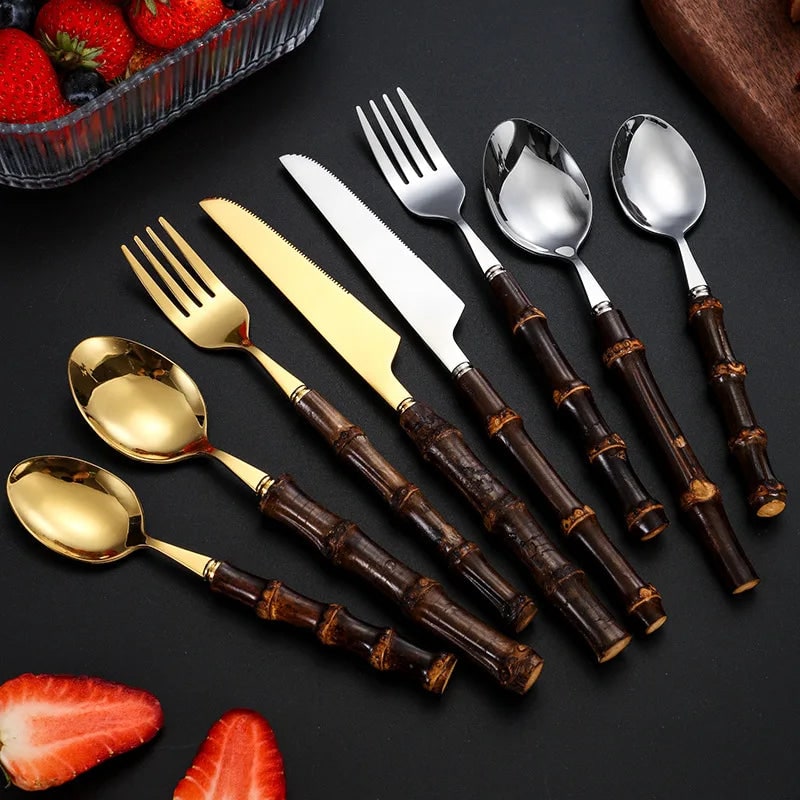 Stainless Steel Cutlery and Flatware Set with Bamboo Handle 24-Piece Dining Silverware - Image 3