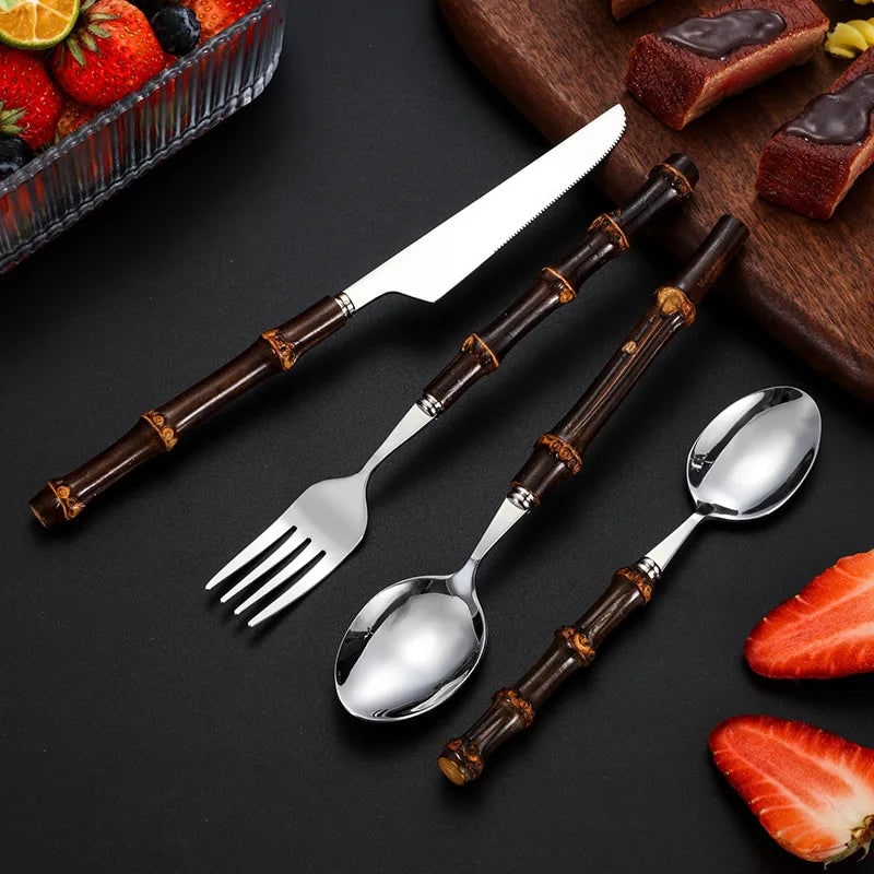 Stainless Steel Cutlery and Flatware Set with Bamboo Handle 24-Piece Dining Silverware - Image 4