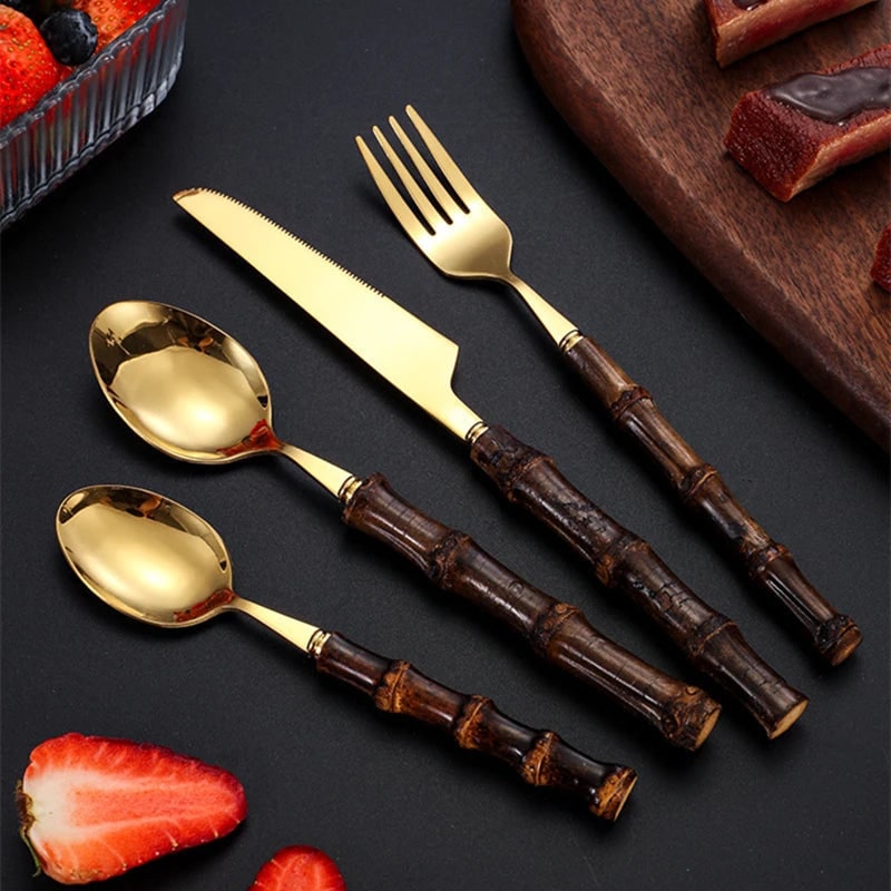 Stainless Steel Cutlery and Flatware Set with Bamboo Handle 24-Piece Dining Silverware - Image 5