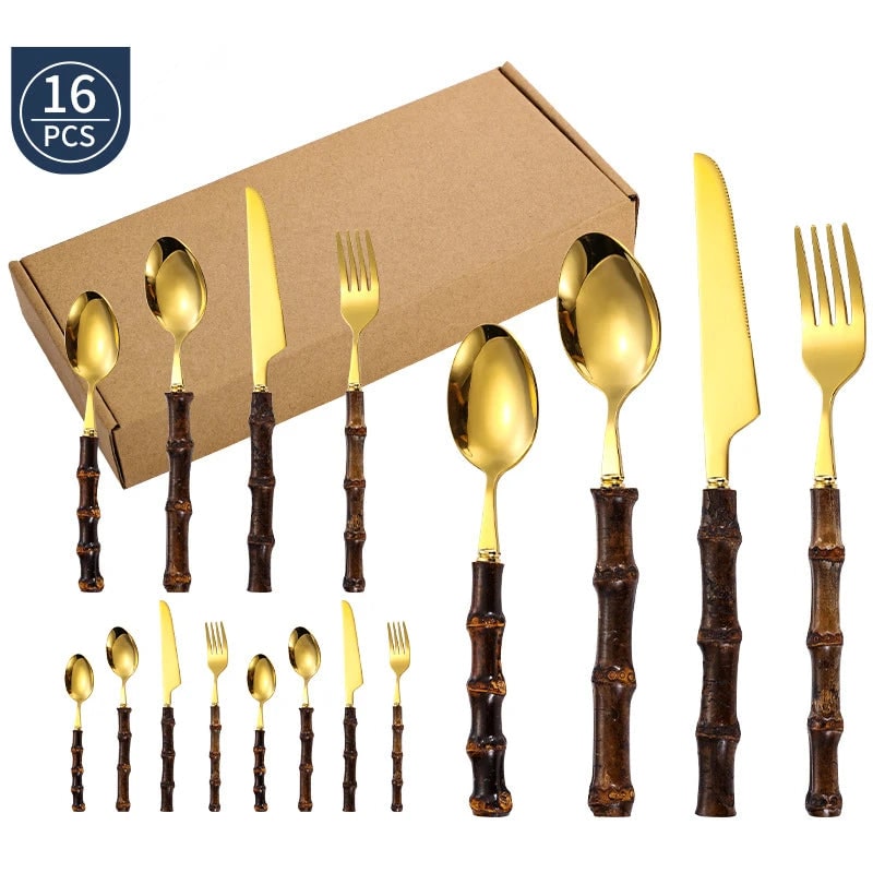 Stainless Steel Cutlery and Flatware Set with Bamboo Handle 24-Piece Dining Silverware - Image 7
