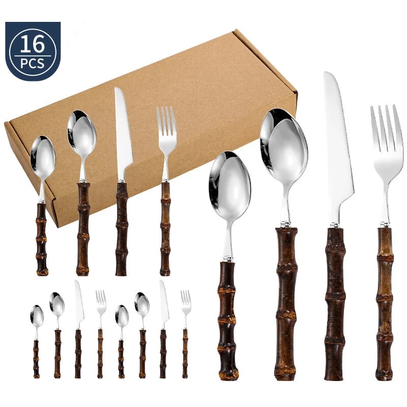 Stainless Steel Cutlery and Flatware Set with Bamboo Handle 24-Piece Dining Silverware - Image 8