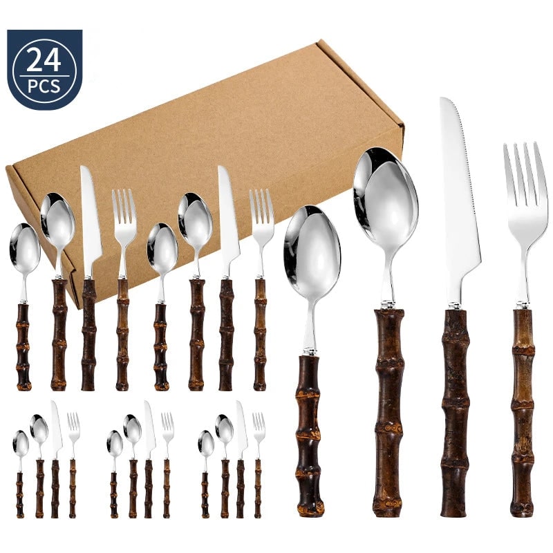 Stainless Steel Cutlery and Flatware Set with Bamboo Handle 24-Piece Dining Silverware - Image 9