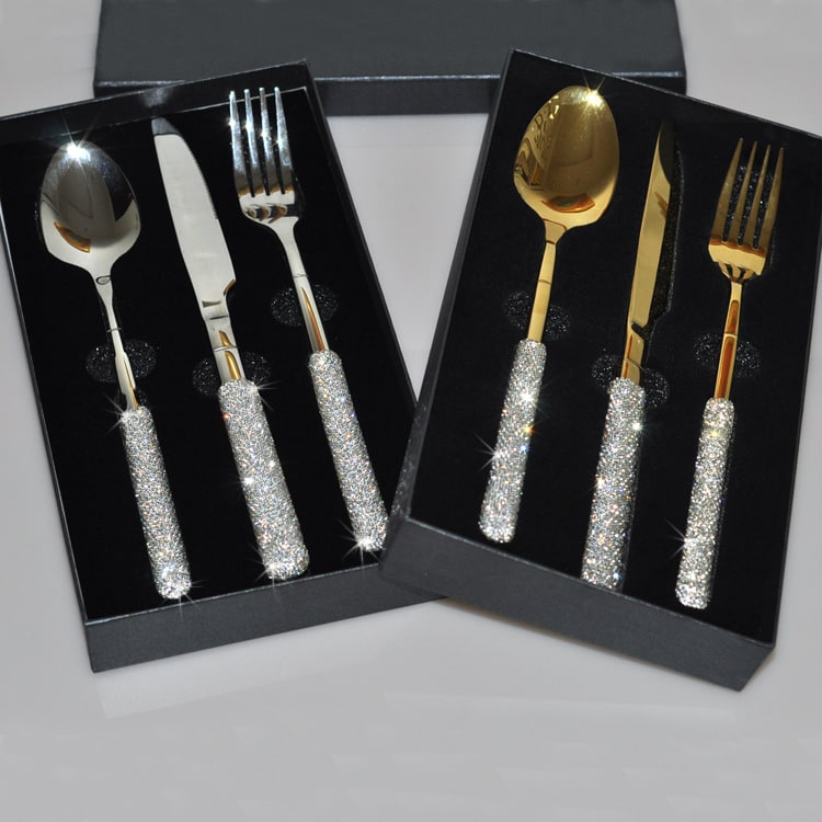Stainless Steel Flatware Set with Rhinestone Encrusted Handles 18 10 Service for 12 - Image 3