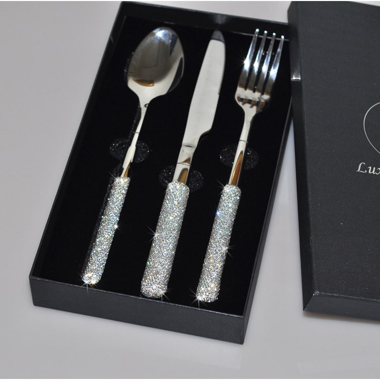 Stainless Steel Flatware Set with Rhinestone Encrusted Handles 18 10 Service for 12 - Image 4