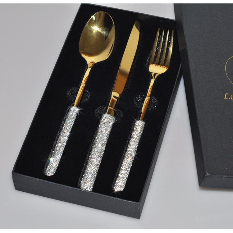 Stainless Steel Flatware Set with Rhinestone Encrusted Handles 18 10 Service for 12 - Image 9