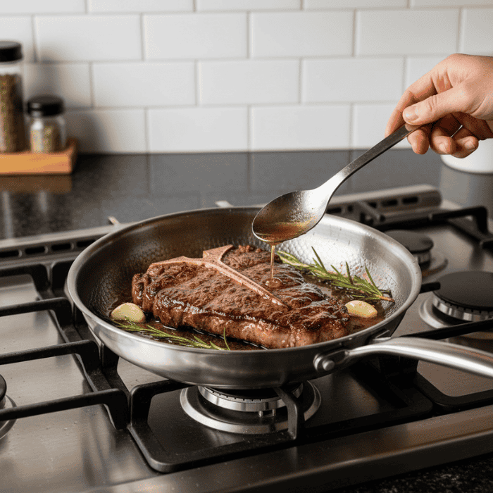 Stainless Steel Frying Pan Uncoated Hammered Brushed Ergonomic Handle - Image 1